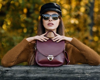 Burgundy leather bag, satchel messenger purse, travel small handbag, crossbody clutch wallet, women gift