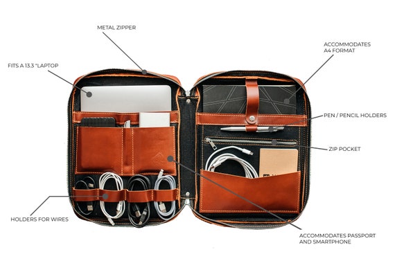 Leather Tech Portfolio Organizer Zipper Laptop Organizer Bag 