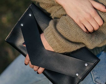 Lederen clutch bag, enveloptas, zwarte handtas voor vrouwen, bruidsmeisje clutch met handvat