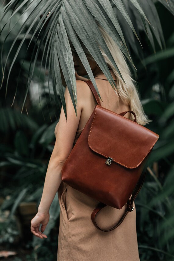 cognac leather backpack