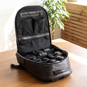 Mochila de cuero para cámara con compartimento para portátil de 17 pulgadas, bolsa para equipo DSLR/sin espejo, estuche modular para drones.