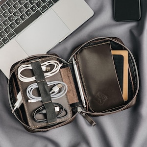 Personalized Cord organizer leather charger storage, case for electronic accessories, custom cord organizer, men gift
