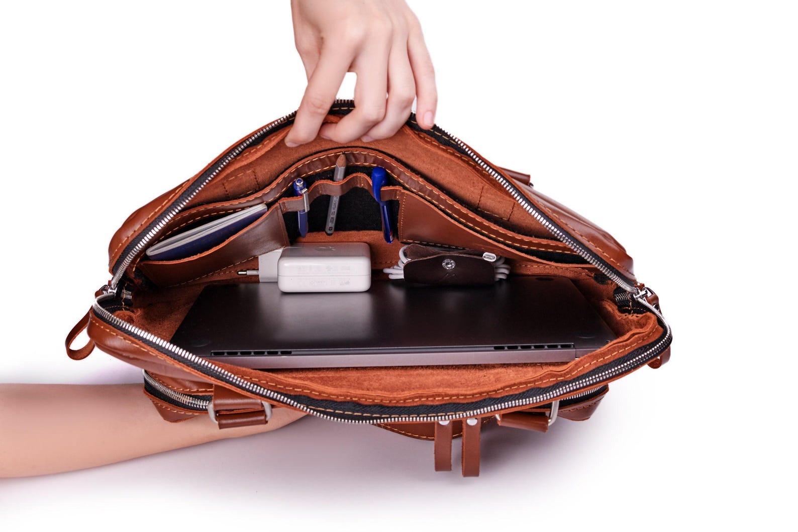 Cognac Leather Laptop Briefcase, Office Bag, Computer Handbag, Shoulder ...