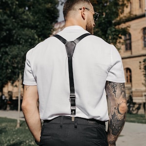 Black Leather Suspenders, Adjustable Suspenders, Fashionable Accessory, Hipster Style, Y-Back Suspenders, Gift For Him, Groomsmen Gift