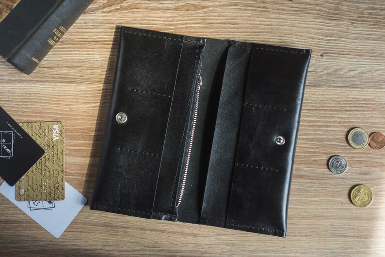 Cartera larga para tarjetas con bolsillo para monedas, bolsa de viaje personalizada para hombre, monedero negro con cremallera y asa, cartera de motociclista plegable, billetera delgada grabada imagen 5