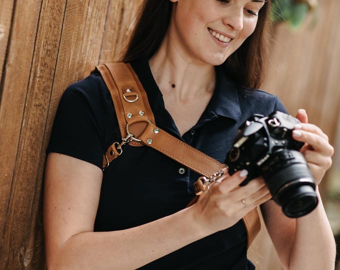 Adjustable Leather Camera Sling for DSLR or Mirrorless, Crossbody One Camera Strap, Custom Engraved Photographer Gift