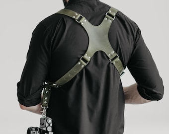 レザーストラップ 2カメラ用、調節可能なダブルカメラハーネス、マルチカメラストラップ レザー、写真家へのギフト