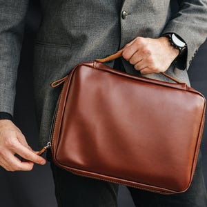 Mens leather organizer, custom business portfolio, cognac cord holder, cable & laptop case, Women gift, Back to school image 5
