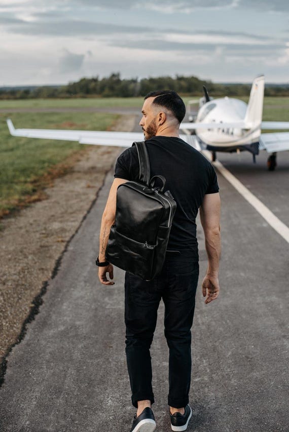Black Travel Bag, Personalized Handmade Leather Backpack 