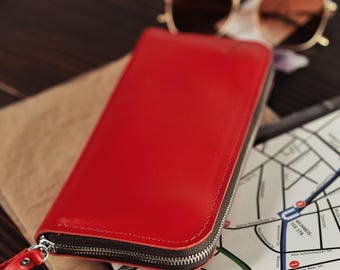 Cartera de viaje de cuero rojo, monedero largo, monedero para mujer, portamonedas con cremallera, accesorios de viaje, ideas de regalo