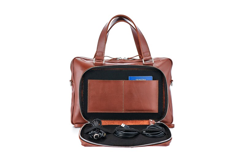 Cognac Leather Laptop Briefcase Men Office Bag Computer Etsy