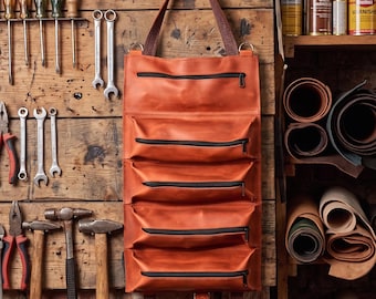 Leather Tool Roll Organizer with Zipper Pockets, Mechanic Tool Bag, Workshop Tool Storage, Roll Up Tool Pouch