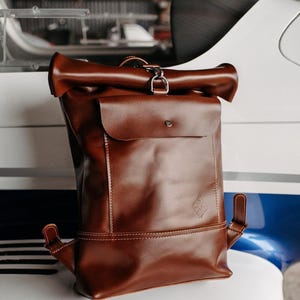 Minimalist leather roll top backpack, custom brown rucksack for travelling, personalised hipster rolltop bag, monogram leather laptop bag