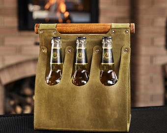 Porte-bière en cuir rustique, porte-bouteille avec manche en bois, paquet de 6 porte-boissons, fourre-tout pour barbecue, cadeau pour lui, porte-bière d'extérieur