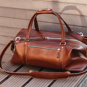 Handmade Brown Leather Duffel, Custom Travel Bag, Weekend Bag, Overnight Duffle, Brother Gift