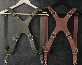 Double Camera Harness Leather, Dual Shoulder Camera Strap, Multicamera Strap Leather, Photographer Gift