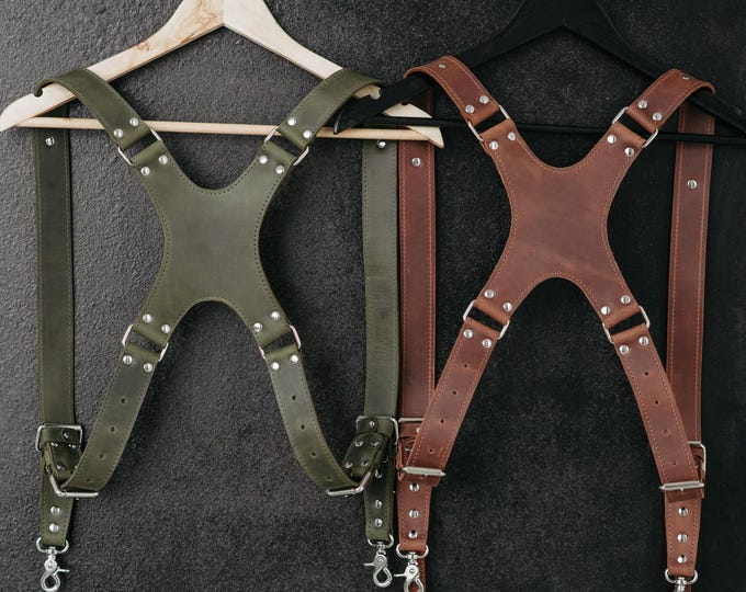 Double Camera Harness Leather, Dual Shoulder Camera Strap, Multicamera Strap Leather, Photographer Gift