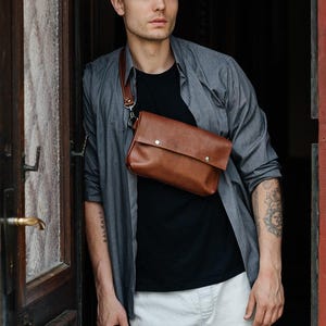Gürteltasche, Cognac Leder Crossbody Geldbörse, Herren Reise Hüfthandtasche, braune Bauchtasche