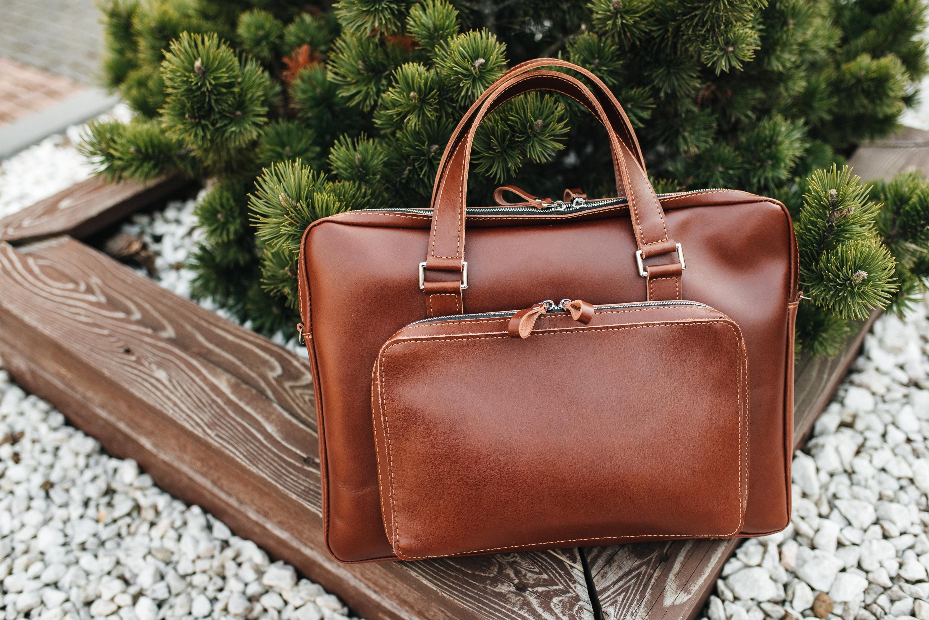 Cognac Leather Laptop Briefcase, Office Bag, Computer Handbag, Shoulder ...