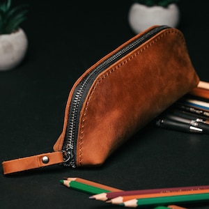 Premium Leather Pencil Case and Cosmetic Bag, Zippered Pouch