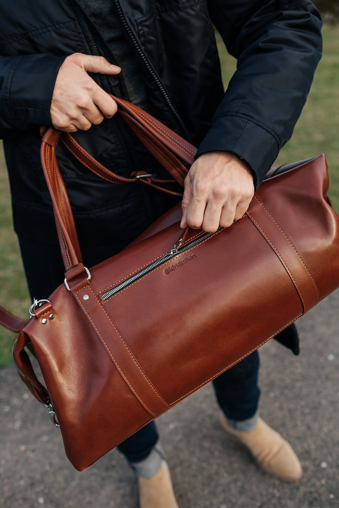 Leather duffle bag, weekender travel bag, man cognac overnight handbag, personalized gym bag, custom carry on purse, sports airplane luggage