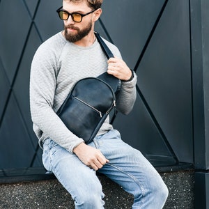 Men Leather Bag Black Sling Bag Small Travel Backpack Bag - Etsy