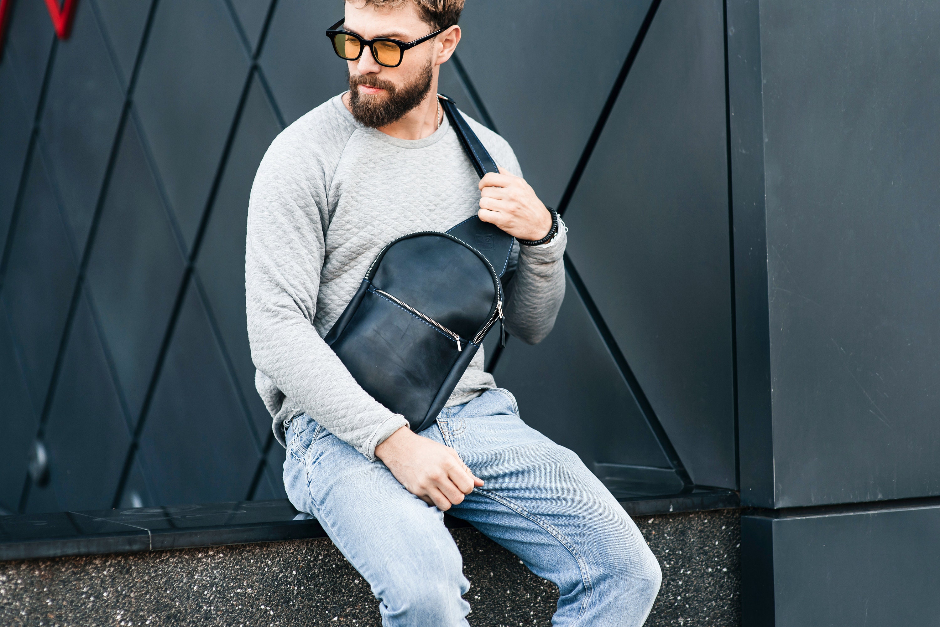 Black Sling Bag Small Travel Backpack Bag City Shoulder Bag 
