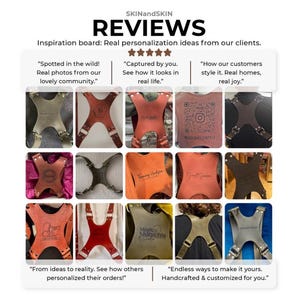 The image is a collage of various photographs featuring different types of backpacks or straps, along with some text descriptions.