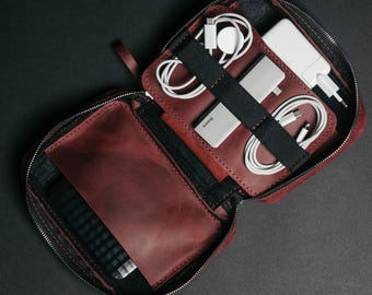 Minimalist Leather Tech Case, Electronic Organizer, Cable Holder, Gadget Storage, Travel Pouch, groom proposal, groom accessory,