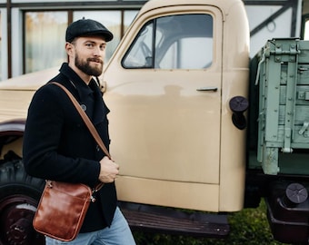 Brown Leather Crossbody Messenger Bag, Vintage Cognac Bag, Small Shoulder Bag, Leather Anniversary Gift