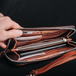 Business travel wallet, personalized zipper pouch, engraved cognac leather coin purse, passport cell phone organizer
