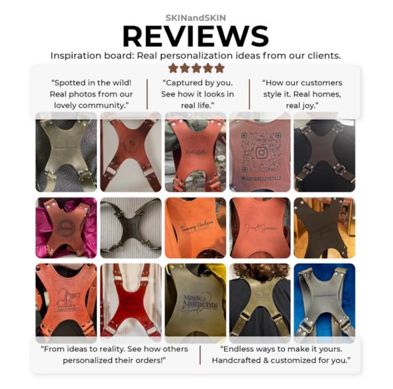 The image is a collage of various photographs featuring different types of backpacks or straps, along with some text descriptions.