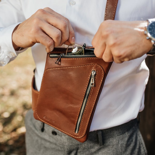 Cognac belt & waist bag, leather men crossbody purse, travel bum bag, shoulder fanny pack, hip festival pouch, tan brown minimalist handbag