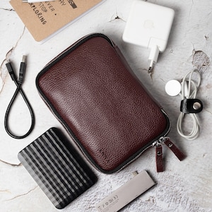 Personalized Brown Cable and Charger Organizer, Travel Charge Storage Bag, Handmade Travel Organizer, Back to school, Leather Accessories
