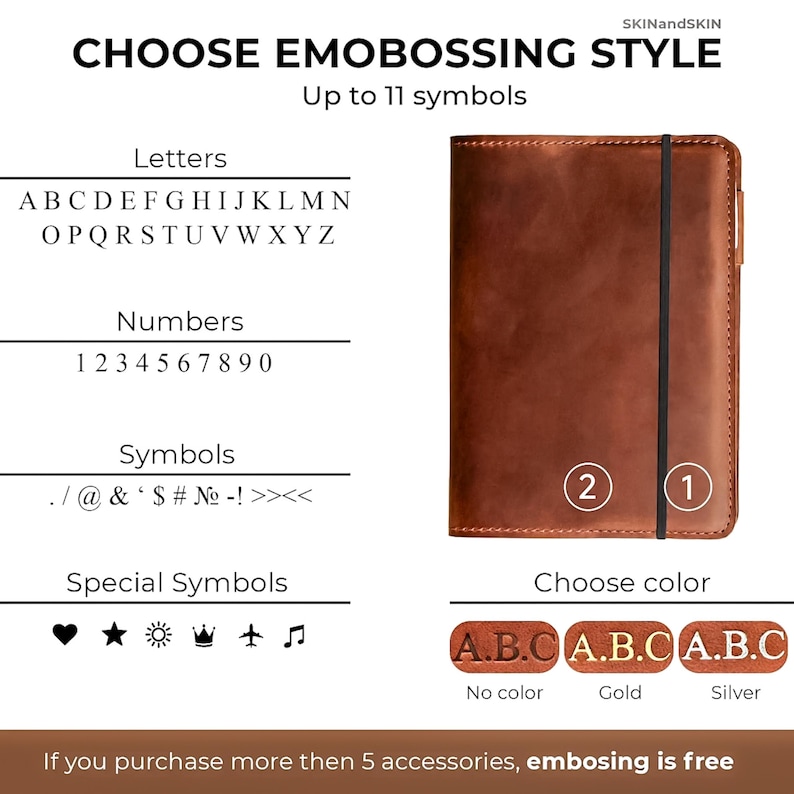 a brown leather book with the words choose embossing style