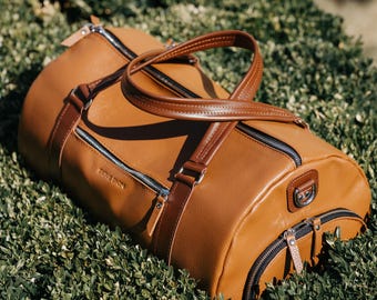 Custom Brown Leather Weekend Bag, Men's Overnight Duffel, Travel Luggage, Gift For Him, Groomsmen Gift