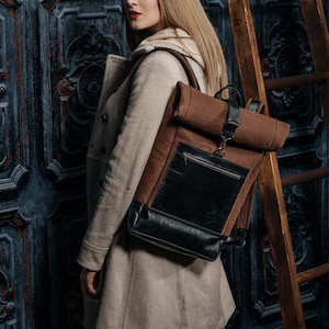 Roll top travel backpack, leather laptop bag, custom felt hiking rucksack, women rolltop boho hipster bag, gift for girlfriend