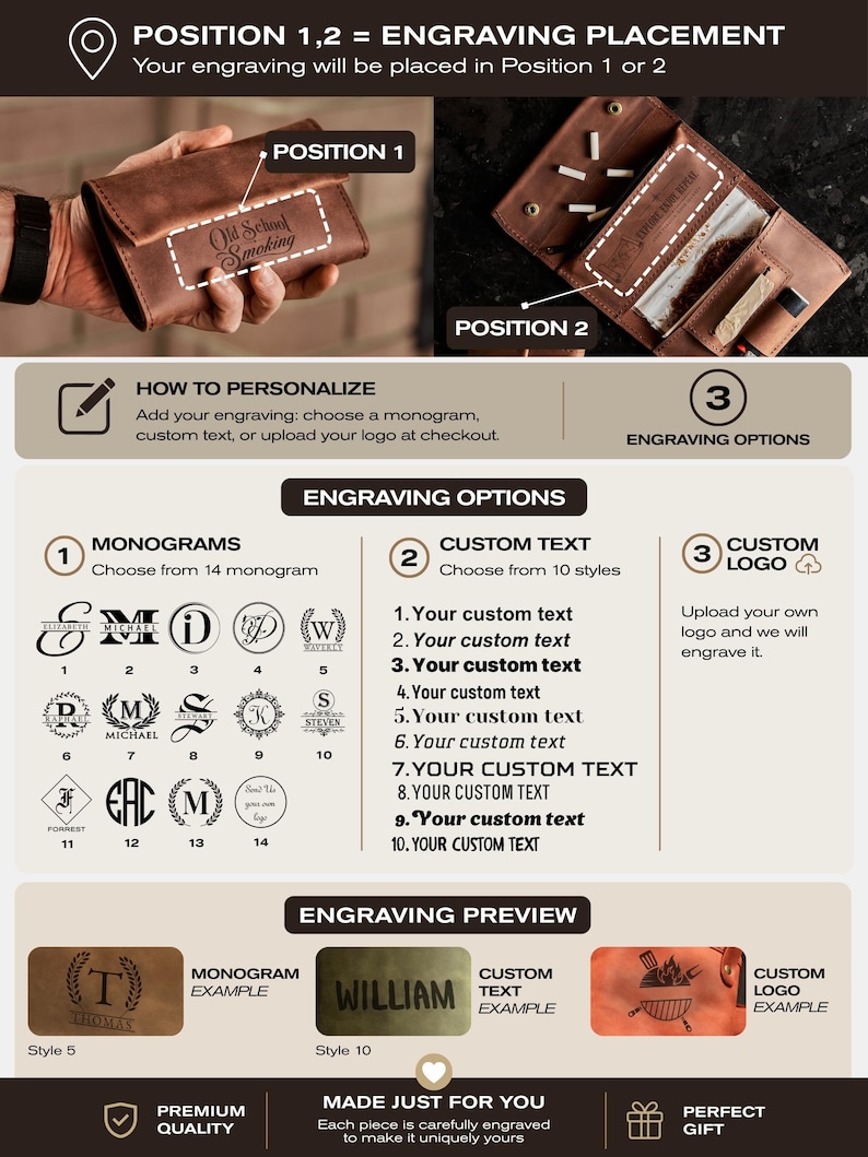 May include: A brown leather tobacco pouch featuring two engraving positions. The graphic displays customization options including fourteen monogram styles, ten custom text fonts, and custom logo uploads, with visual examples of each engraving type.