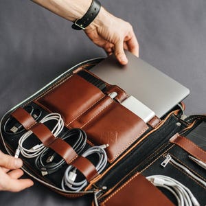 Mens leather organizer, custom business portfolio, cognac cord holder, cable & laptop case, Women gift, Back to school image 2