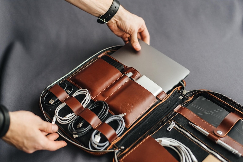 Mens leather organizer, custom business portfolio, cognac cord holder, cable & laptop case, Women gift, Back to school image 2