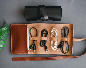 Personalized cord roll, cords organizer, custom travel cable organizer, leather cable organizer, custom charger wrap, leather travel case