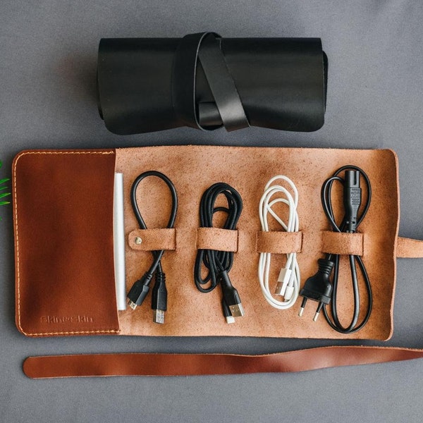 Personalized cord roll, cords organizer, custom travel cable organizer, leather cable organizer, custom charger wrap, leather travel case