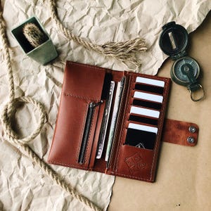 Cognac Long Leather Wallet, Women’s Bifold Minimalist Travel Purse, Credit Cards and Cash Organizer