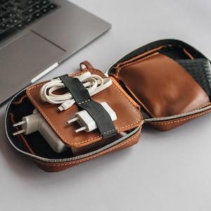 Personalized Handmade Cord organizer, Travel charger roll, Wire organizer, leather charger storage, custom groom gift, engraved groom