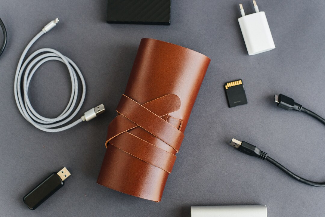Personalized Cord Roll, Leather Cable Organizer, Custom Charger Wrap, Cognac Leather Travel Case
