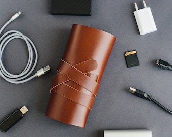 Personalized cord roll, leather cable organizer, custom charger wrap, cognac leather travel case