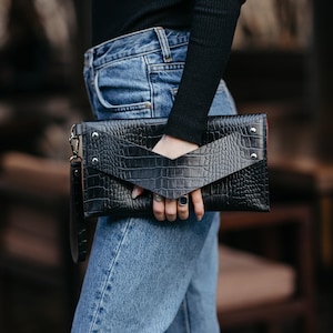 Black Envelope Clutch Bag with Handle, Leather Purse, Bridesmaid Handbag, Elegant Evening Bag, Women's