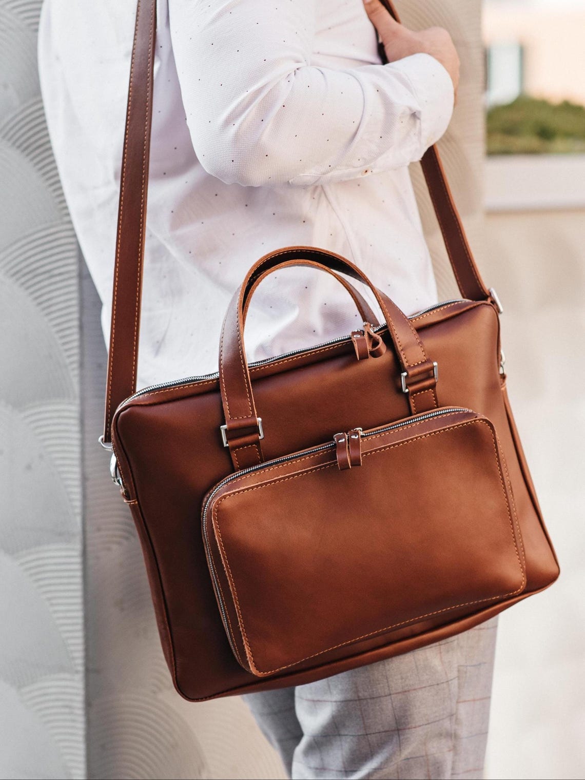 Cognac Leather Laptop Briefcase, Office Bag, Computer Handbag, Shoulder ...