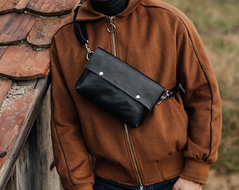 Leather chest bag, men waist bag, engraved bum bag, casual leather clutch