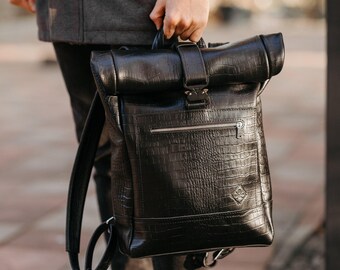 Zwarte oprolbare rugzak voor heren, unisex leren laptoptas, minimalistische reisrugzak, cadeau voor vader of broer